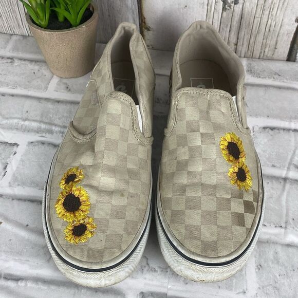 Vans Asher Checkerboard Embroidered Sunflower Slip On Size 8 - Picture 2 of 8